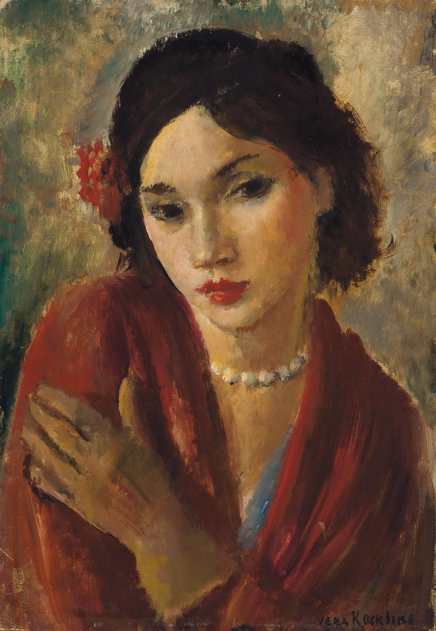 En elegant dame med et perlekjede (olje på lerret) av Vera Rockline