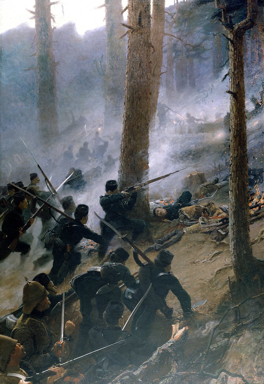 Angrepet på Peiwar Kotal av de 5. Gurkha Rifles, Afghanistan, desember 1878, ca. 1890 av Vereker Monteith Hamilton