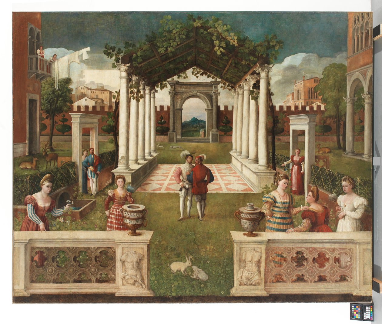 En klassisk arkitektonisk hage med elegante figurer, et fjellandskap bortenfor, ca. 1530 (olje på lerret) av Veronese School