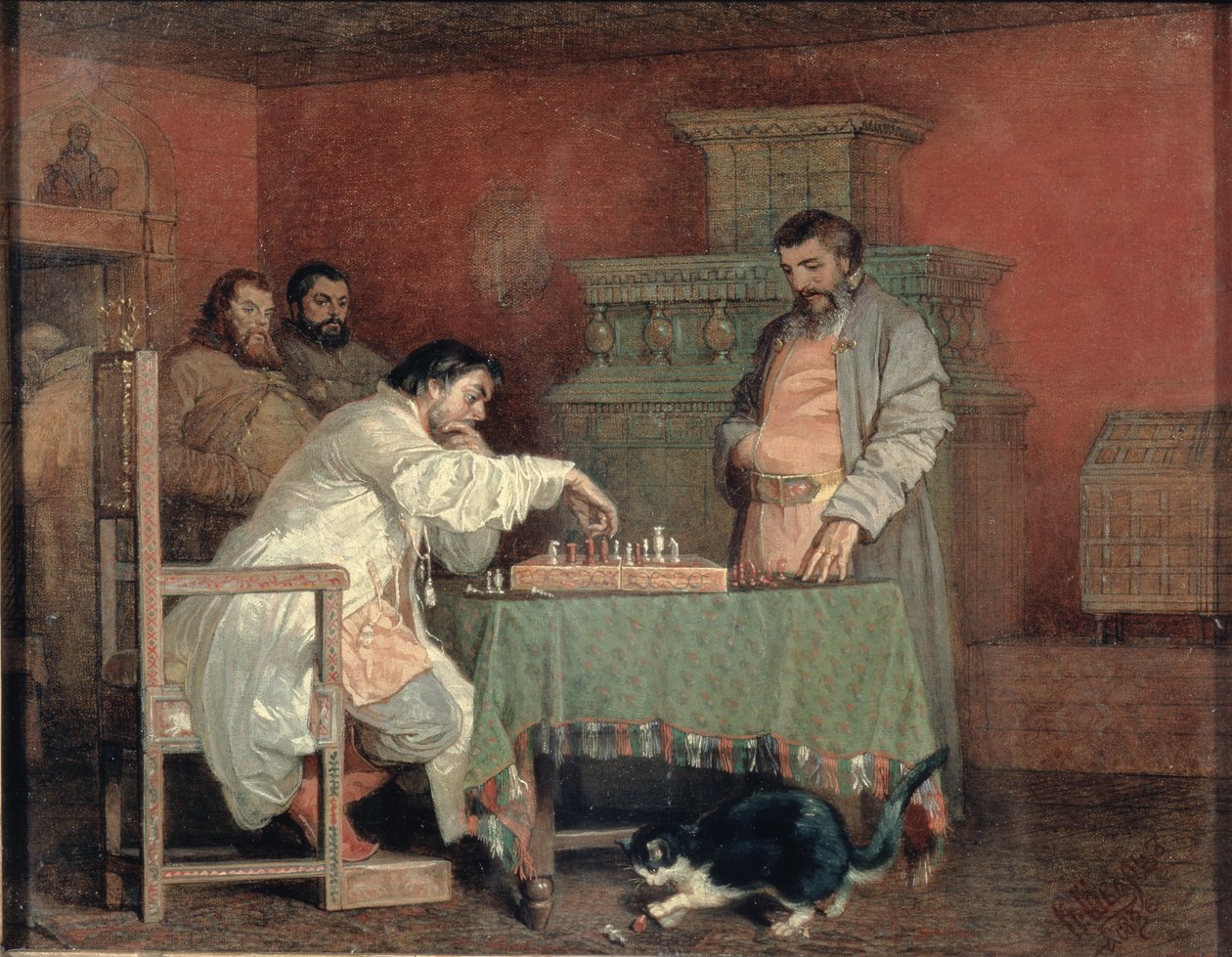 Scene fra den russiske tsarens liv: Spille sjakk, 1865 av Viatcheslav Grigorievitch Schwarz