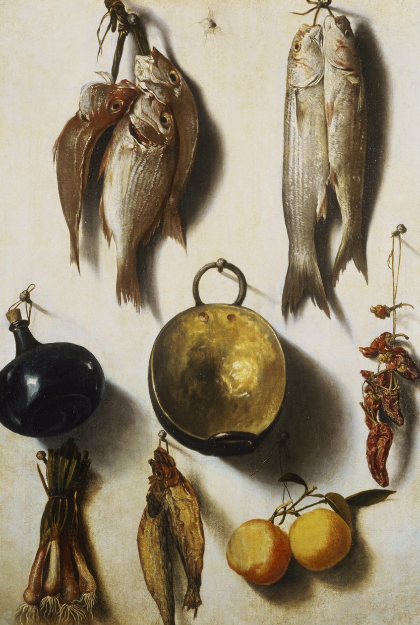 En Trompe L'Oeil av fisk, kjøkkenutstyr, grønnsaker og frukt av Vicente Victoria or Vitoria