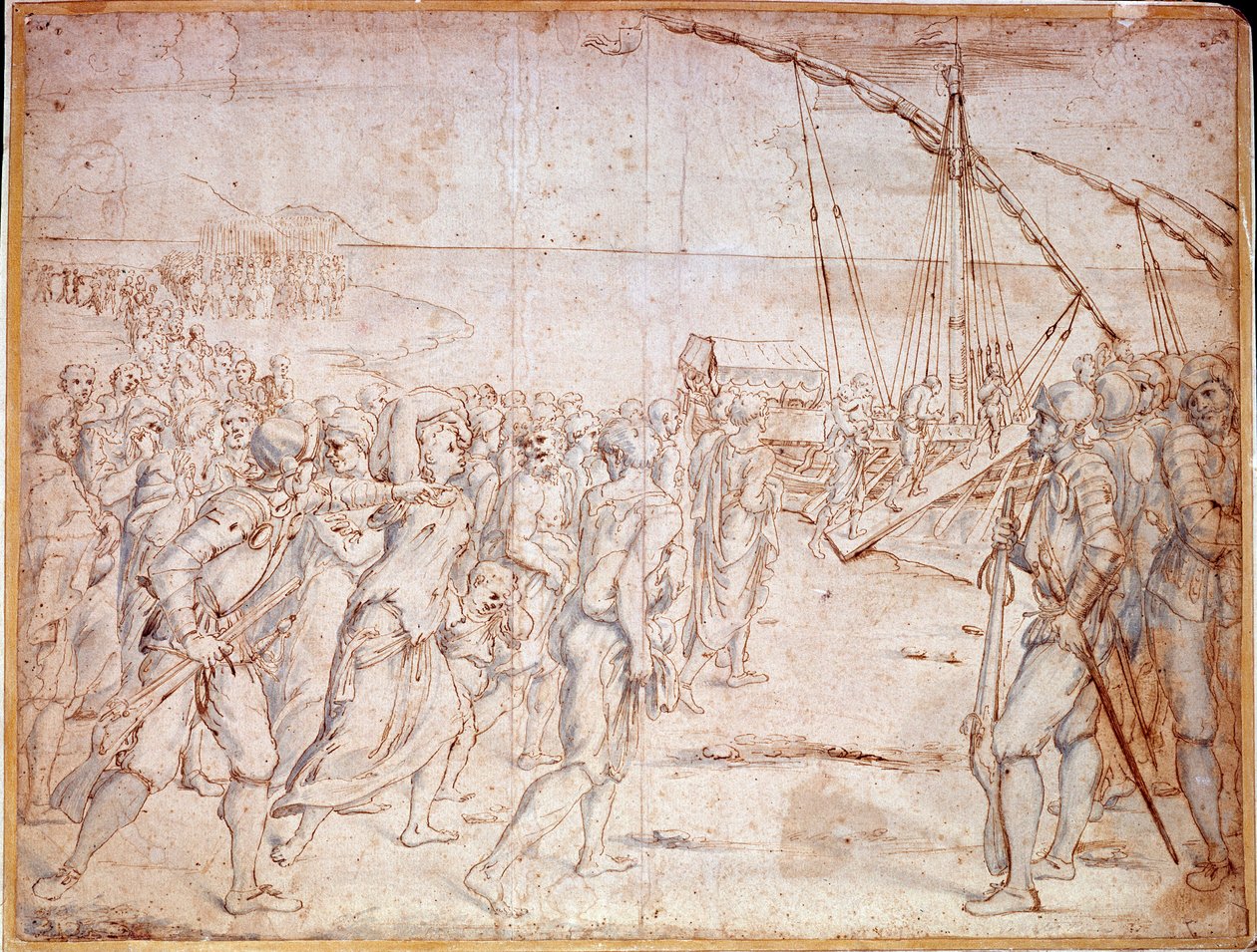 Deportasjon av moriskene fra Spania (muslimer i Spania tvangskonvertert til katolisisme) etter undertegnelsen av Filip III av Spania av en traktat 22.09.1609. Tegning av Vincencio Carducho (1576-1638) av Vicente Carducho