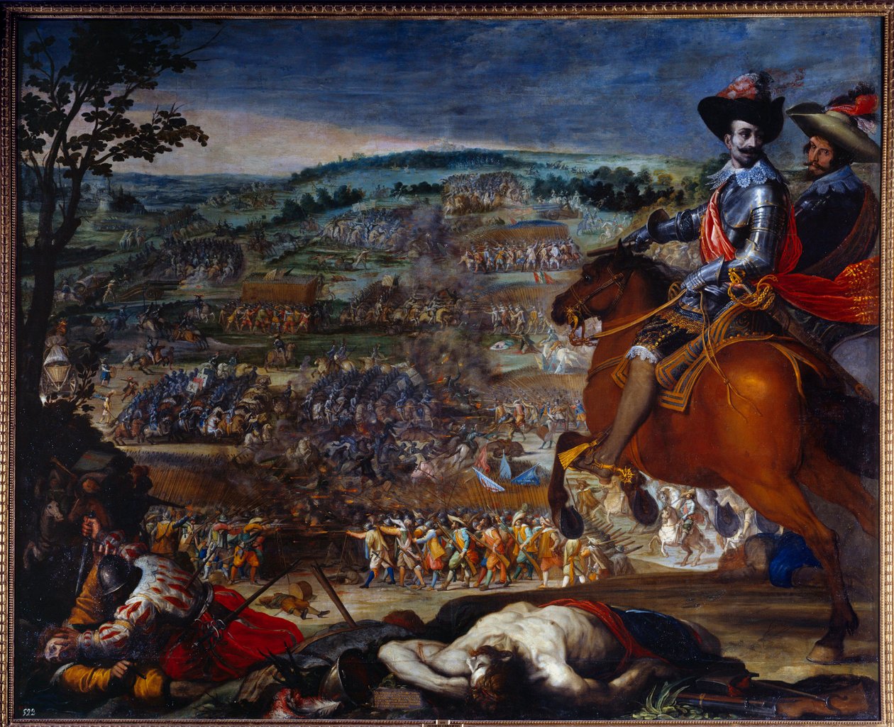 Tretti års krig: 1618-1648. "Slaget ved Fleurus i 1622." Den motsetter seg de protestantiske troppene til Christian de Brunswick og Ernst von Mansfeld mot den spanske hæren ledet av Gonzalo Fernandez de Cordoba-representant til høyre. Maleri av Vicente Ca av Vicente Carducho