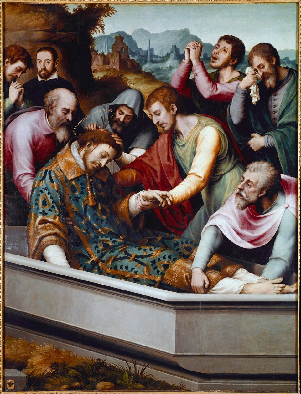 The Tomb of St. Stephen, Christian Martyr (olje på lerret av Vicente Juan (c.1510 79) Macip