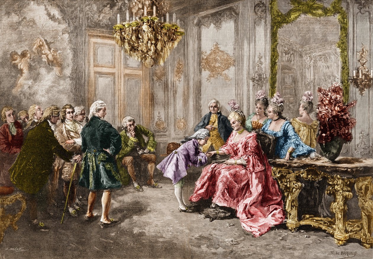 Wolfgang Amadeus Mozart (1756-1791) hos Madame (Marquise) de Pompadour (Mozarts familie, under turnéen i Europa) (1763-1766). Gravering etter maleriet av M. V. de Paredes. av Vicente de (after) Paredes