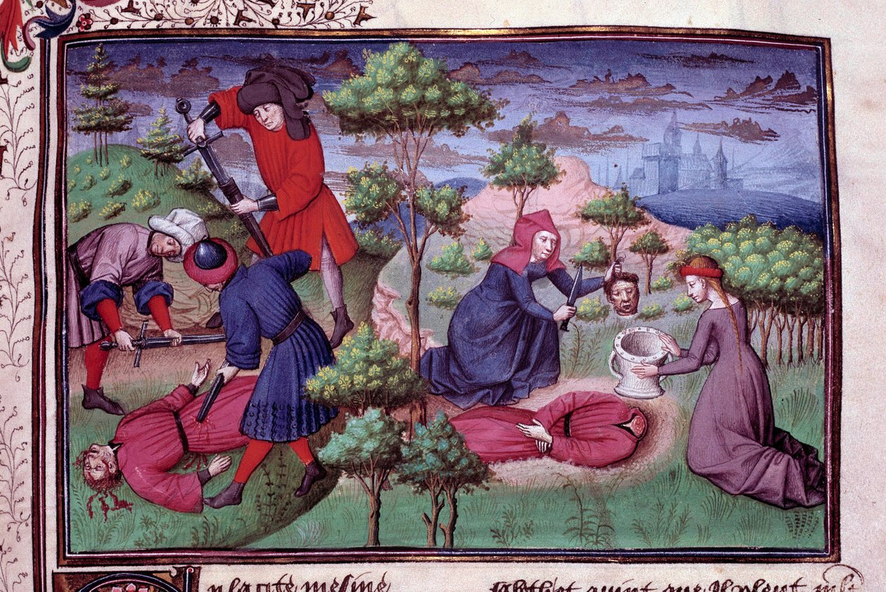 Drapssted for to menn hvis mordere kuttet hodet av dem. Side av et manuskript på fransk av "Decameron"" av Giovanni Boccaccio dit Jean Boccace (1313-1375), italiensk forfatter, belyst av Mesteren av Mansel. 1450. Paris, Arsenals bibliotek av Vicente de Paredes