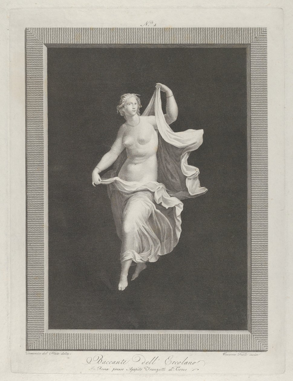 En delvis naken bacchante som går frem og holder endene av draperiet i hver ..., ca. 1795-1820 av Vicenzo Feoli