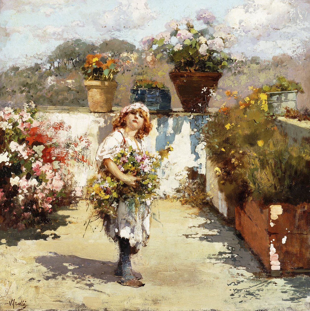 En ung jente som samler blomster i solskinnet av Vicenzo Irolli