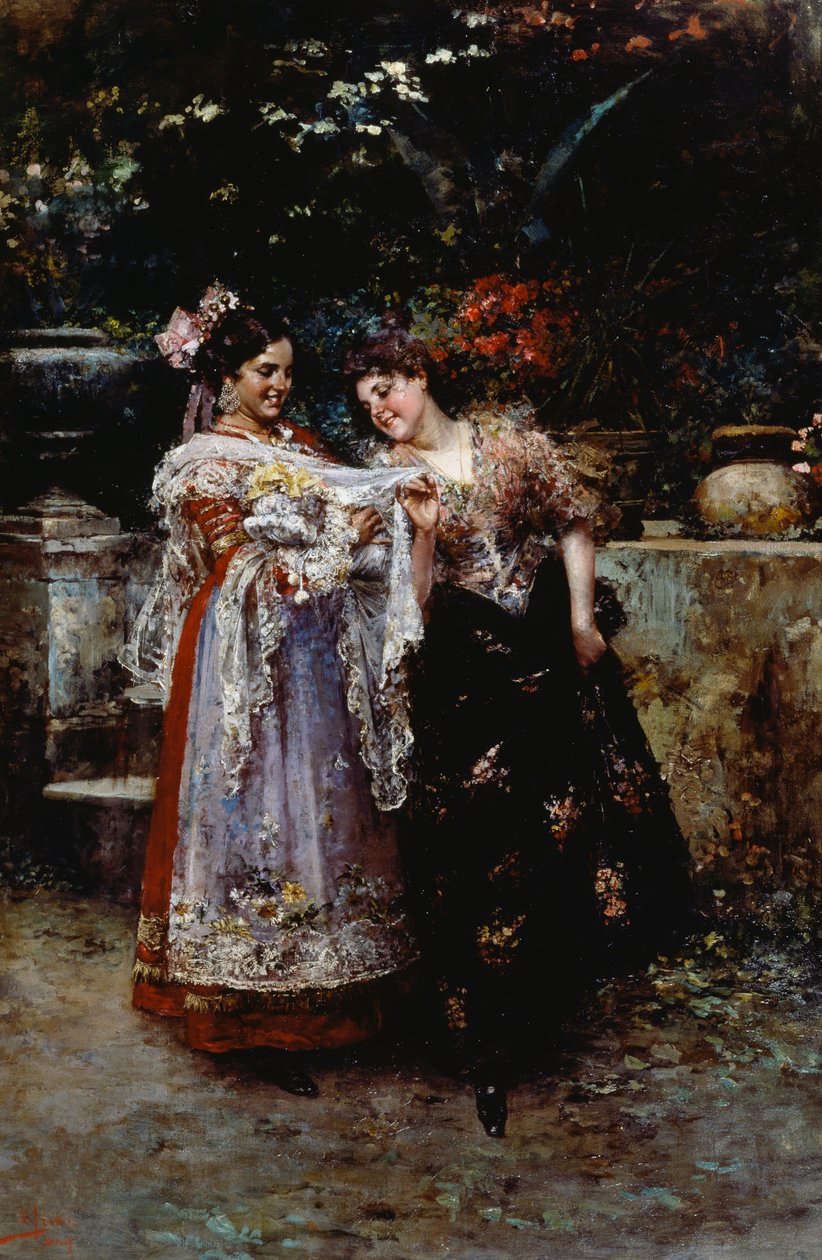 Vakker blonder (To kvinner med nyfødt baby), av Vincenzo Irolli (1860-1949), olje på lerret av Vicenzo Irolli