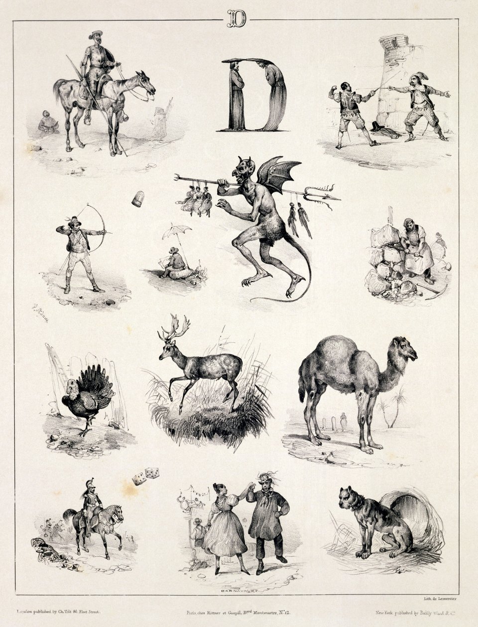 Bokstaven D fra en alfabetprimer, 1832 av Victor Adam