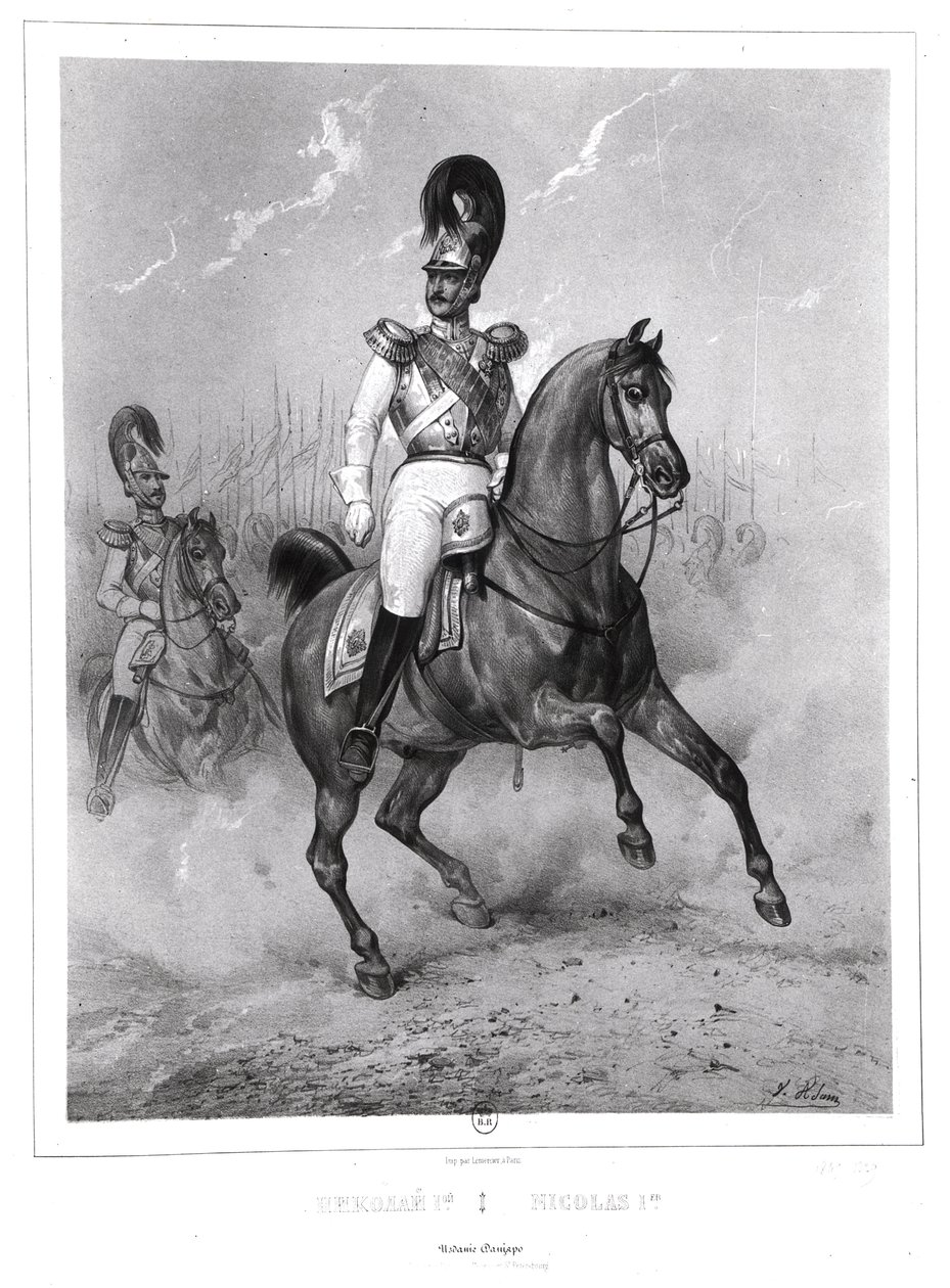 Portrett av Nicholas I Pavlovich (1796-1855) på hesteryggen med sin hær av Victor Adam