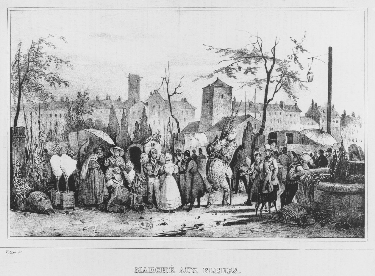 Blomstermarkedet i Paris, 1834 av Victor Adam