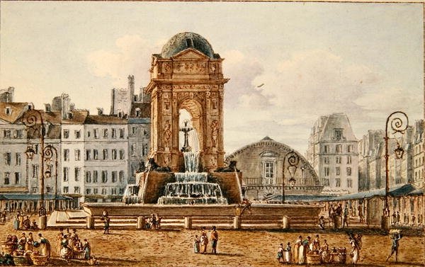 Utsikt over stedet og fontenen i Marche des Innocents, Paris, ca. 1810 (wc på papir) av Victor Jean Nicolle