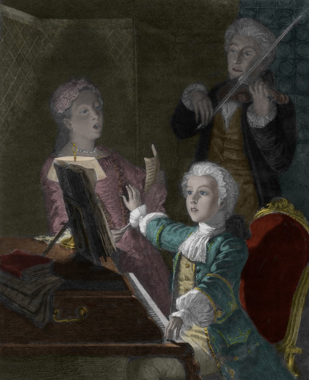 Wolfgang Amadeus Mozart med sin far, Leopold og søsteren, Marie-Anne av Victor Louis Focillon