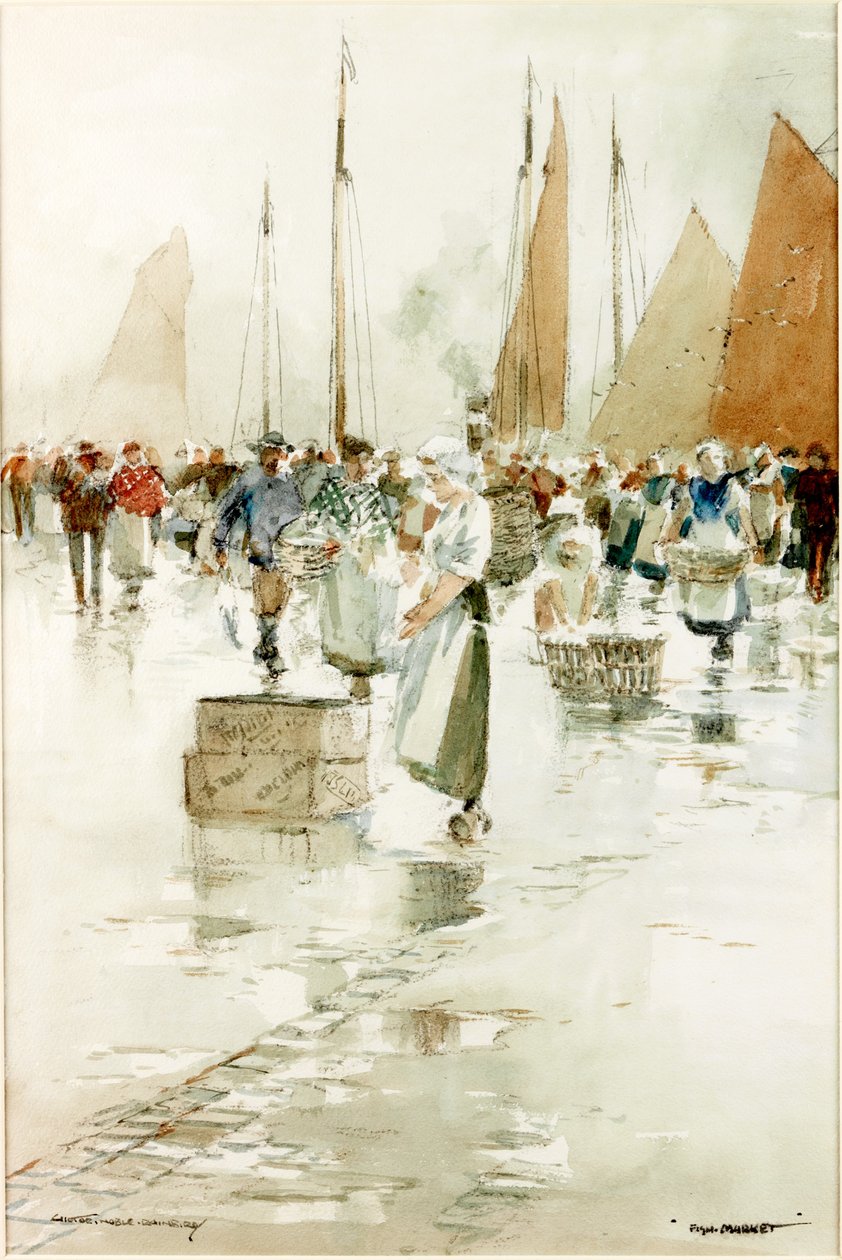 Fish Market kull & wc på papir limt på kort av Victor Noble Rainbird