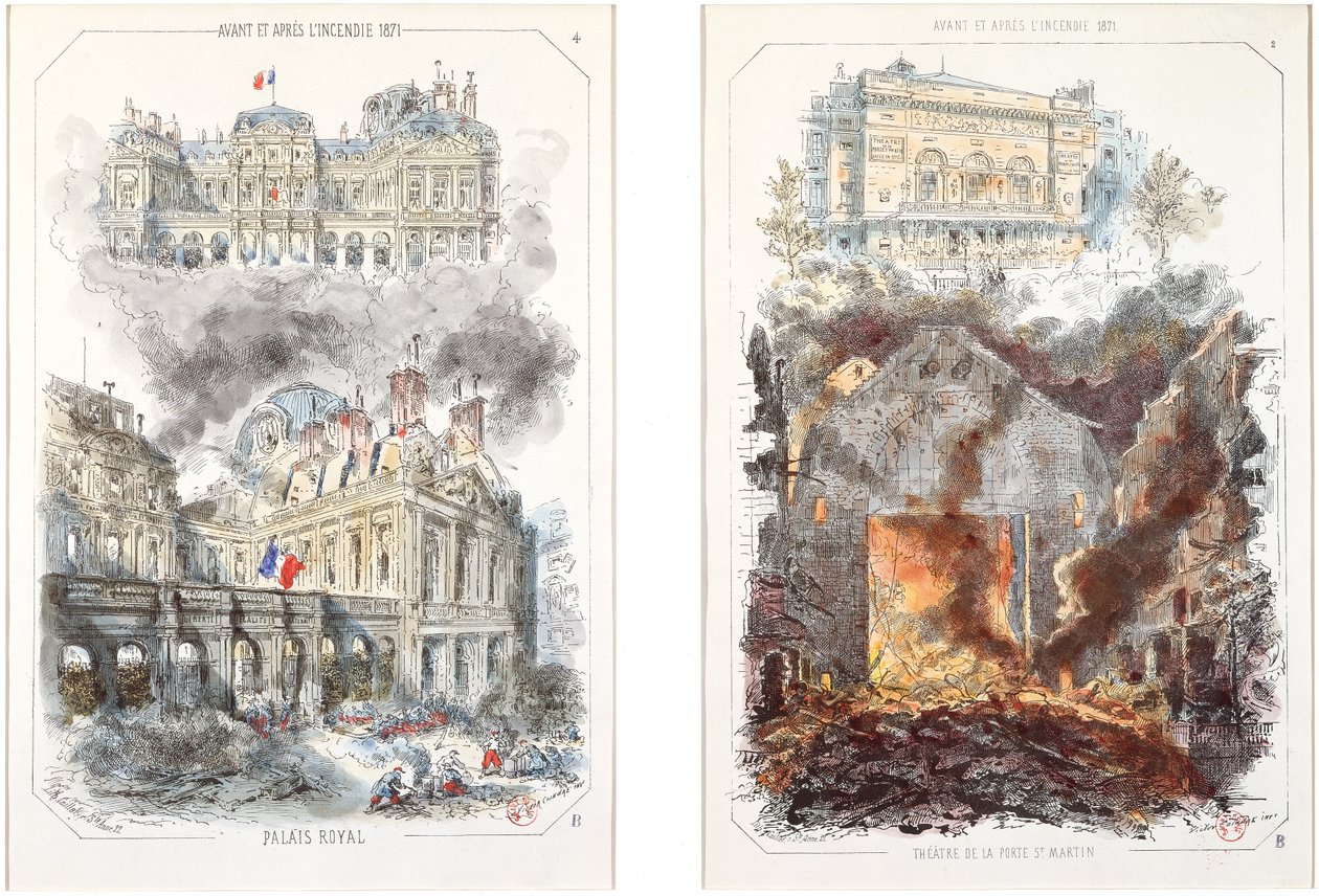 Palais Royal og Theatre de la Porte Saint-Martin før og etter brannen i 1871 av Victor after Coindre