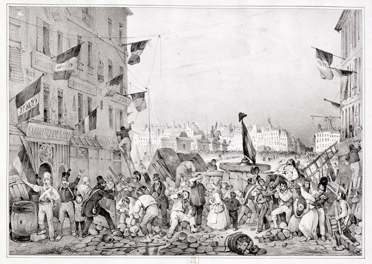 Barrikaden ved Rue Dauphine, 29. juli 1830, gravert av H. Delaporte av Victor Adam