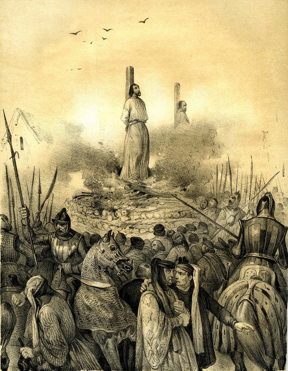 Døden over slakteren til Jacques de Molay (Molai) (1243–1314), den siste store mester i Tempelridderordenen (1298). Philippe le Bel arresterte ham (1307), torturerte ham og fengslet ham før han brente ham levende, sammen med kommandanten av Normandie, Geof av Victor Adam