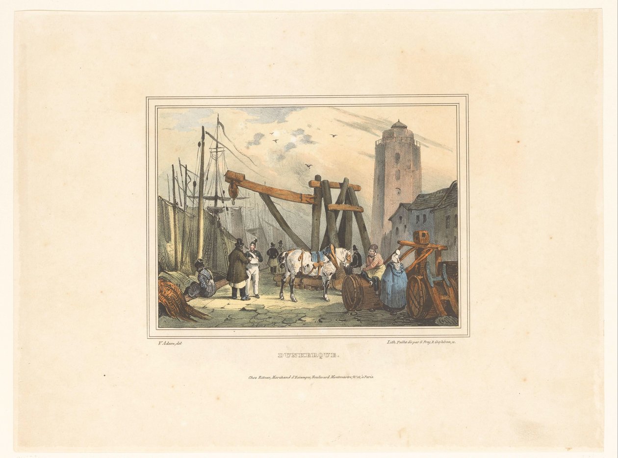 Havnen i Dunkirk Dunkerque (tittel på objekt) Kostymer til innbyggerne i havnebyer (serietittel) Costumes de marins, design dans les ports (serietittel) av Victor Adam