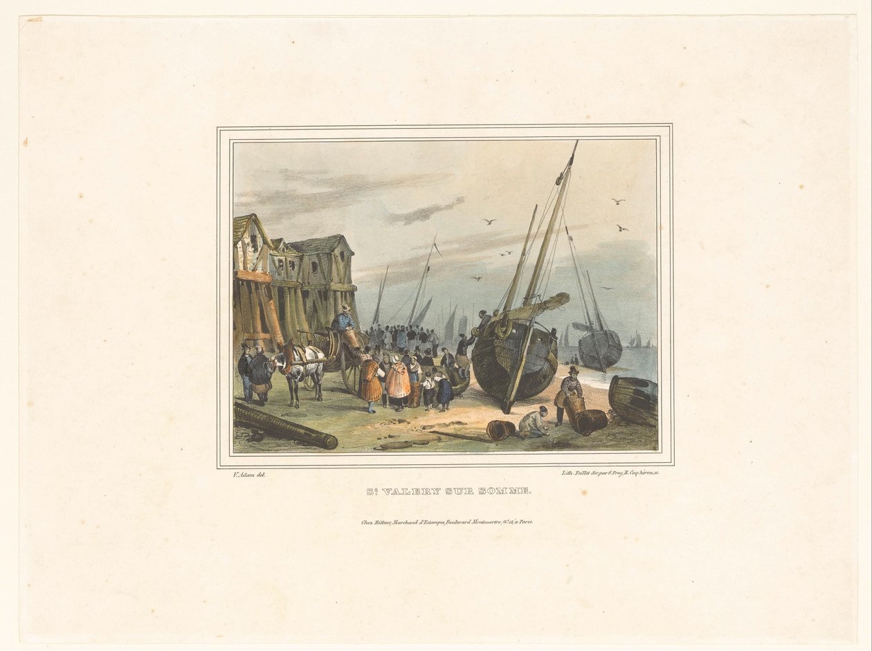 Stranden i Saint-Valery-sur-Somme St. Valery sur Somme (tittel på objekt) Kostymer til innbyggerne i havnebyer (serietittel) Costumes de marins, design dans les ports (serietittel) av Victor Adam