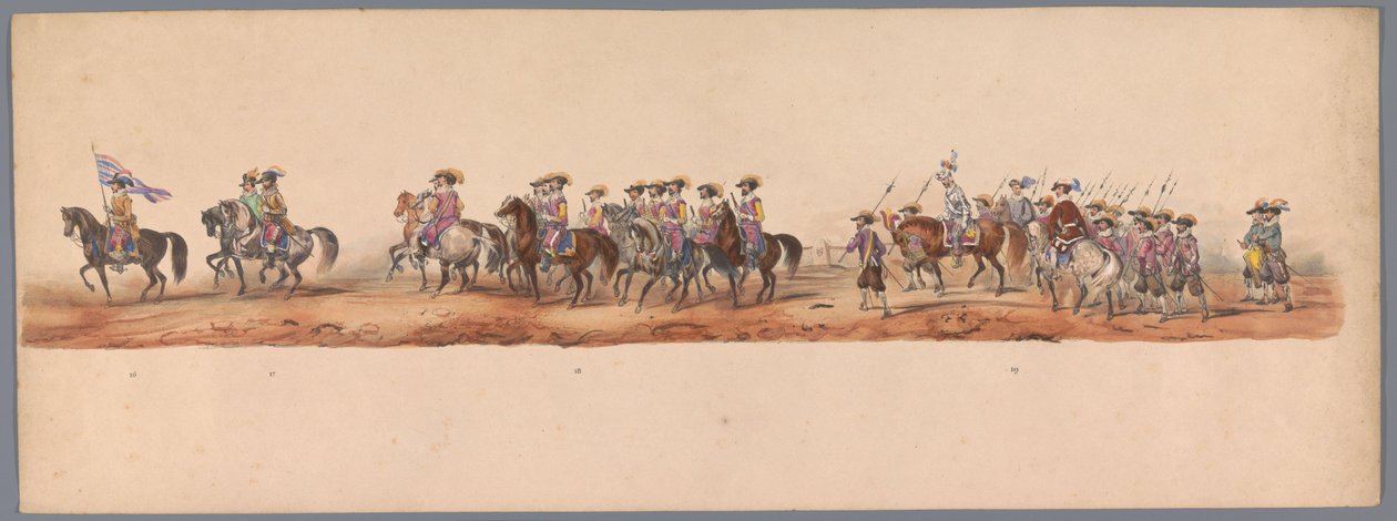 Historisk prosesjon ved det andre hundreårsjubileet for Utrechtse Hogeschool, 1836 (plate 5) Optogt des Nederlandschen Legers til Ostende, den 3. juli 1600, dagen etter seieren ved Nieuwpoort; i henhold til den kostymede forestillingen gitt av HH Student av Victor Adam