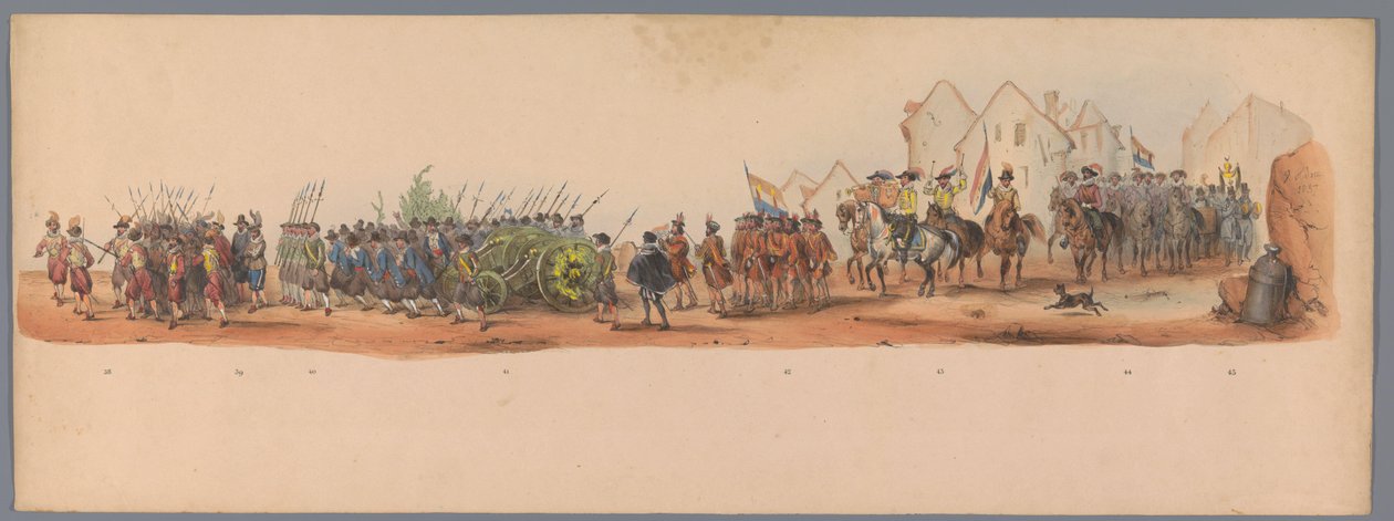 Historisk prosesjon ved det andre hundreårsjubileet for Utrecht University of Applied Sciences, 1836 (plate 10) De nederlandske hærenes innflyging til Oostende, 3. juli 1600, dagen etter seieren ved Nieuwpoort; ifølge kostymepresentasjonen, gitt av H H Stu av Victor Adam