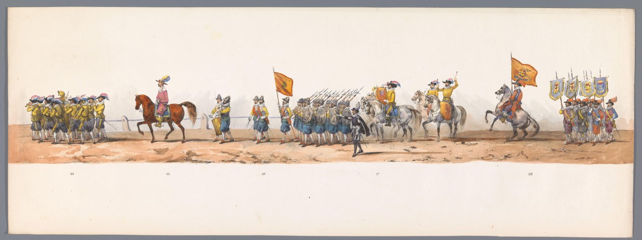 Historisk prosesjon ved det andre hundreårsjubileet for Utrechtse Hogeschool, 1836 (plate 7) Optogt des Nederlandschen Legers til Ostende, den 3. juli 1600, dagen etter seieren ved Nieuwpoort; i henhold til den kostymede forestillingen gitt av HH Student av Victor Adam