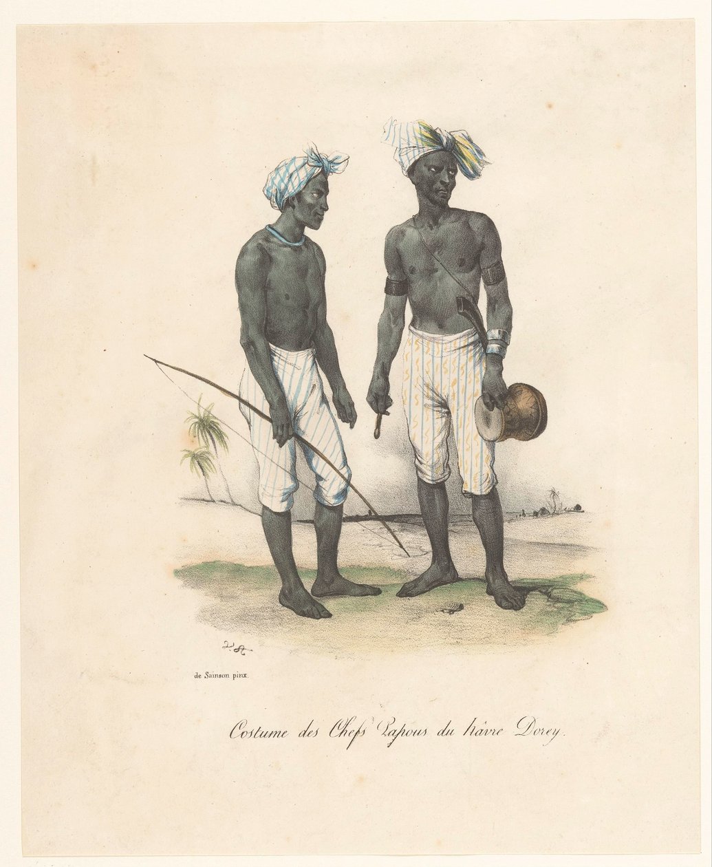 Klær til lederne av Havre-Dorey i Papua Ny-Guinea Costume des chefs papous du hâvre Dorey (tittel på objekt) Voyage of Discovery of the Astrolabe (serietittel) Voyage de découvertes de l