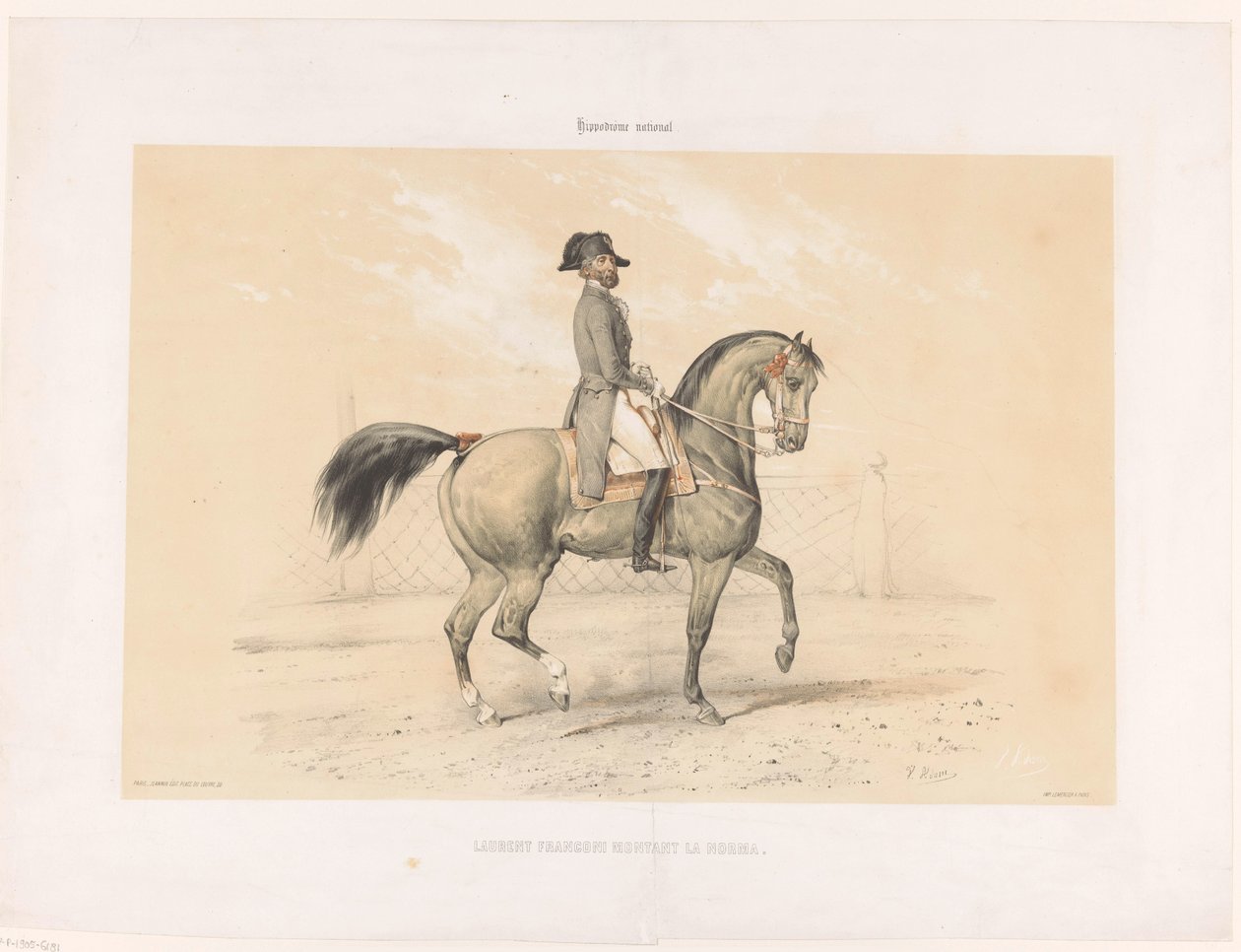 Laurent Franconi rir på hoppen sin Norma Laurent Franconi Montant la Norma. (tittel på objekt) Hester og ryttere på veddeløpsbanen (serietittel) Hippodrôme national (serietittel på objekt) av Victor Adam