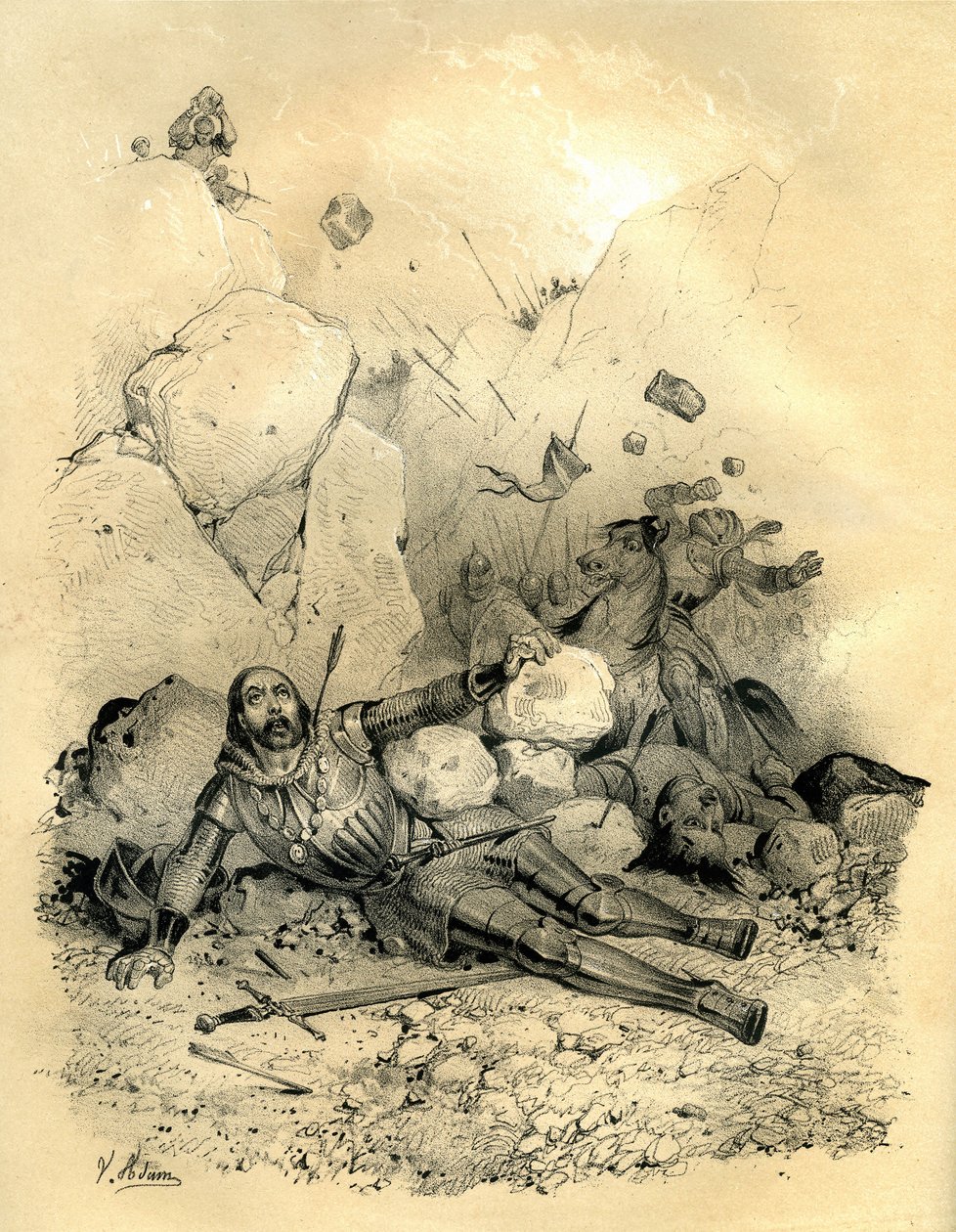 Roland, greve av marsjen i Bretagne, døde av en avdeling av Vascons (baskere) i 778 i Ronceveaux-dalen (Pyreneene). Gravering av Victor Adam (1801–1866) i boken «Frankrike i middelalderen» utgitt av Ardant-brødrene midt på av Victor Adam
