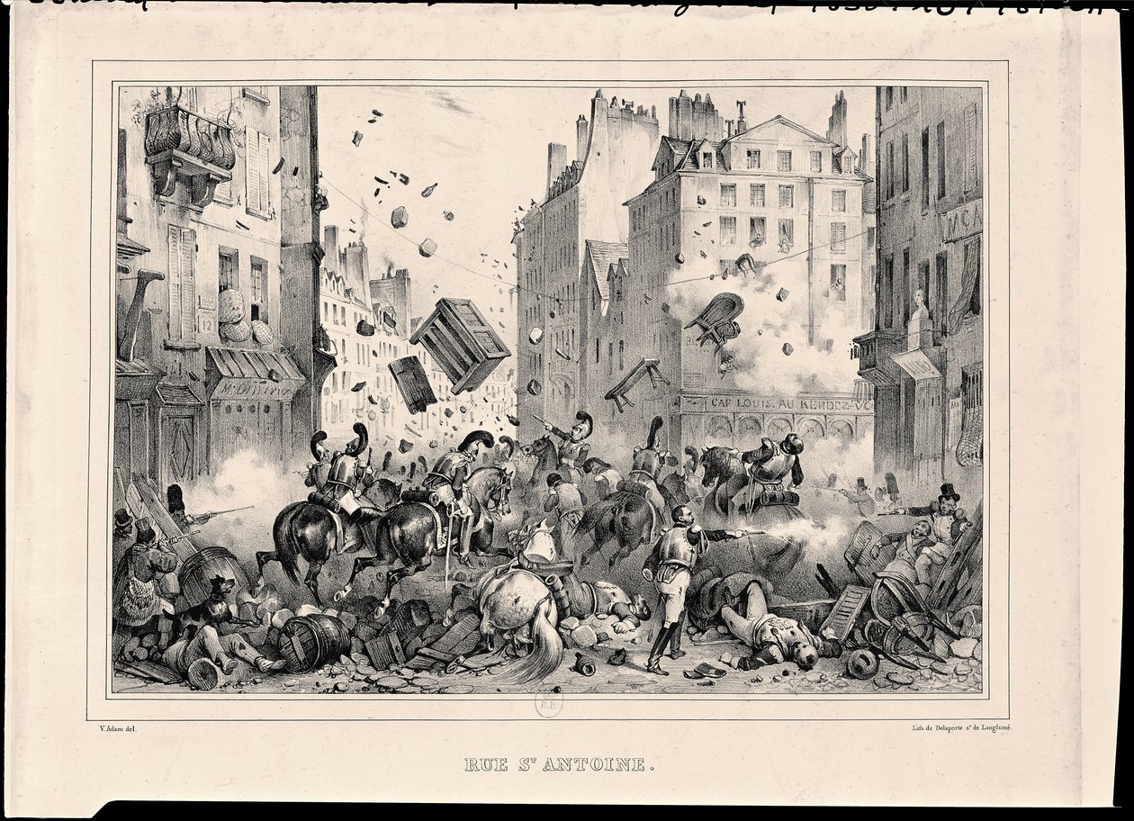 Rue Saint-Antoine i juli 1830, gravert av H. Delaporte av Victor Adam