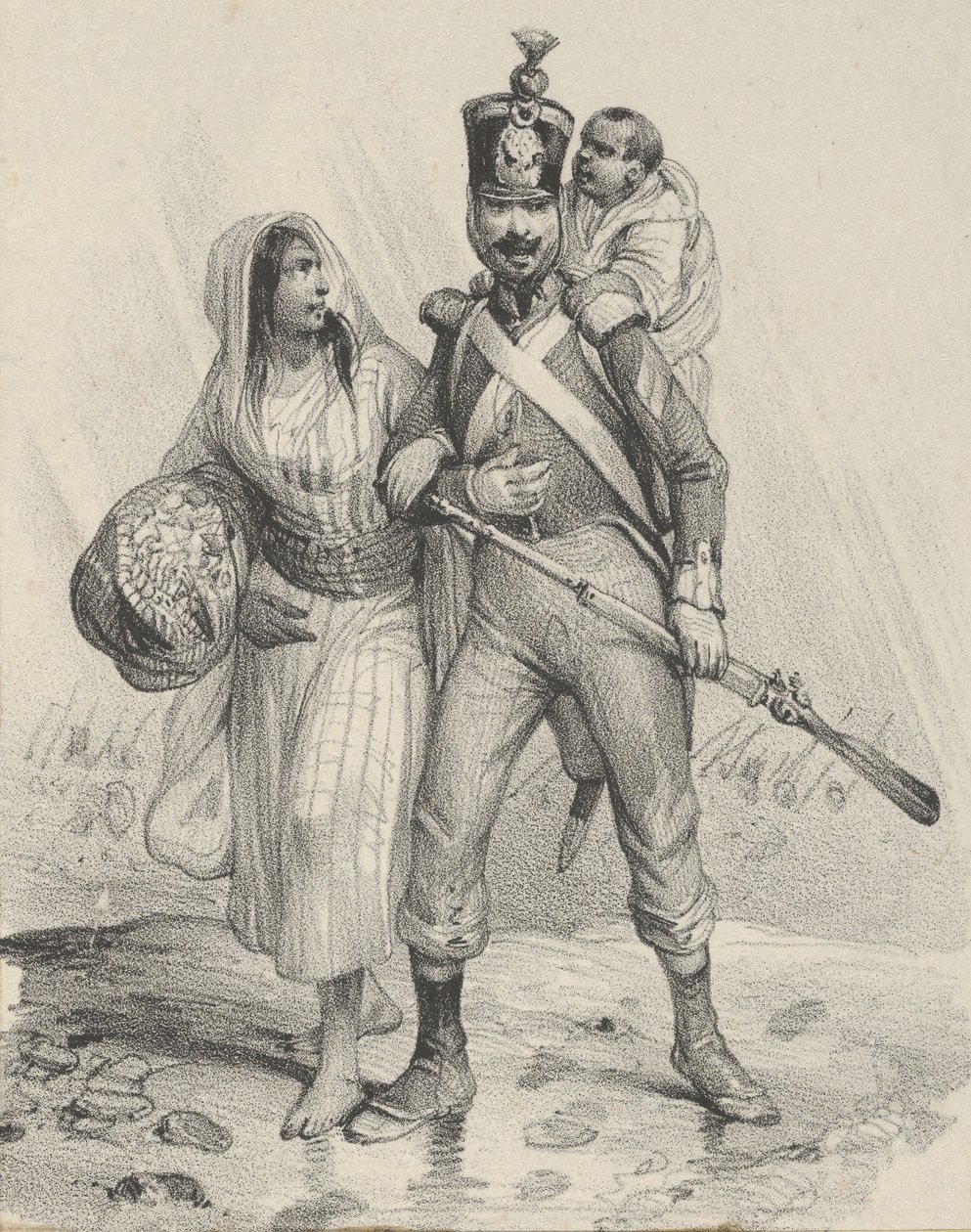 Soldat med en kvinne på armen og et barn på ryggen, midten av 1800-tallet.. av Victor Adam
