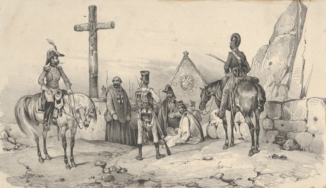 Soldater samlet seg foran en kirke med prester og et krusifiks, midten av 1800-tallet. av Victor Adam