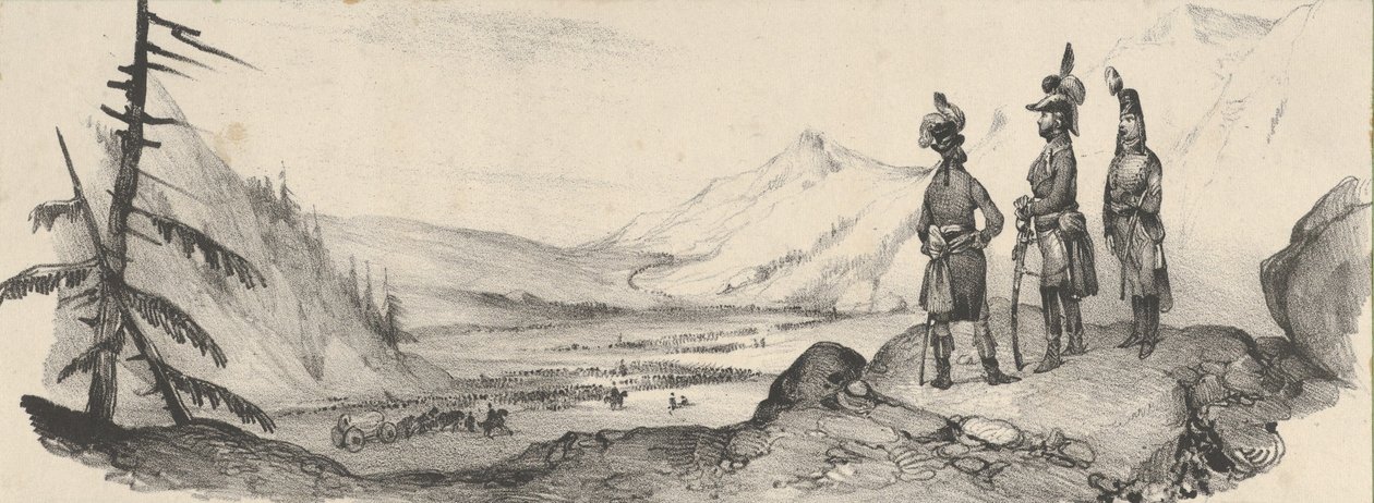Tre soldater i et landskap, midten av 1800-tallet. av Victor Adam