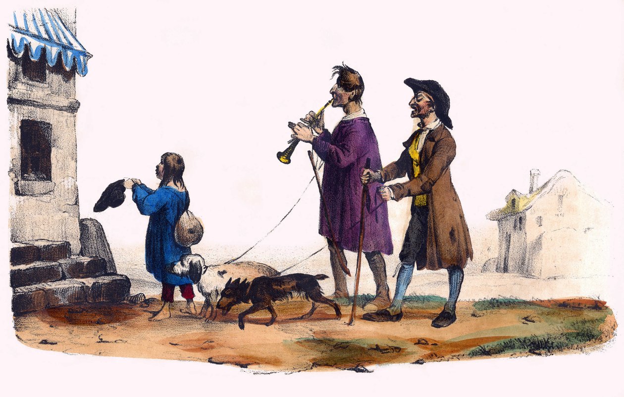 To blinde ledet av hunder og et tiggerbarn. I "" Album Grotesque, Choices of Outstanding Types", illustrasjoner av Victor Adam, Paris, rundt 1850. av Victor Adam