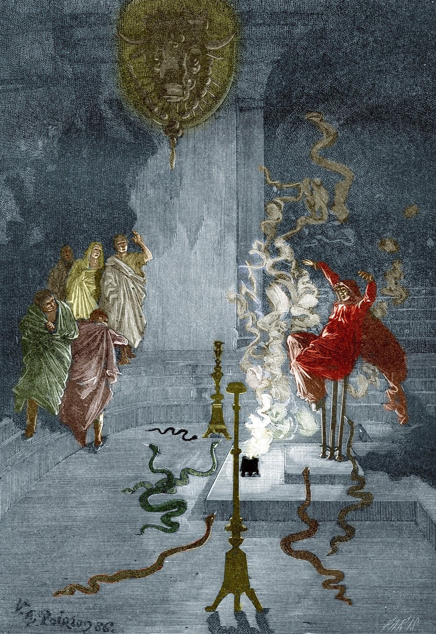 Antikkens Hellas: "Representasjon av Pythia, prestinne ved Apollo-tempelet i det antikke Hellas" Gravering fra "The Mysteres of Science" av Louis Figuier, privat samling av Victor Armand Poirson