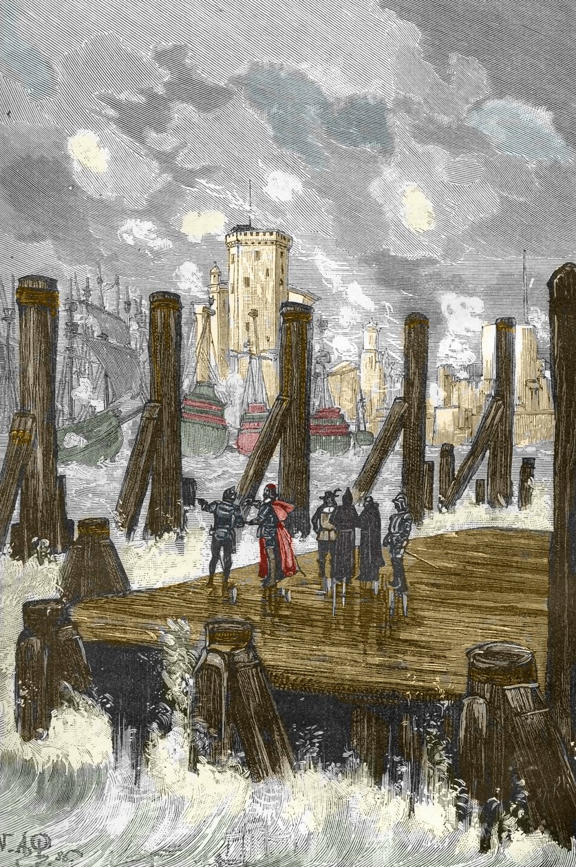 Siege de la Rochelle (1627-1628): "" Kardinal av Richelieu (1585-1642) på demningen til La Rochelle, under beleiringen av byen, place d'armes des Protestants i oktober 1628"" - Cardinal de Richelieu ved beleiringen av La Rochelle i  av Victor Armand Poirson