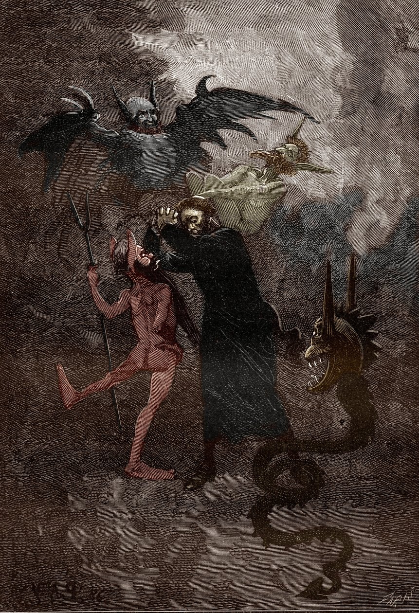 Affæren med besatt av Loudun (demoner fra Loudun) rundt 1630: demonen Isaacarum (Isacaron) blir jaget av jesuittprest Jean-Joseph (Jean Joseph) Surin (1600-1665) (Kamp mellom jesuittpresten Surin og djevelen Isaacarum, druing hendelsene i av Victor Armand Poirson