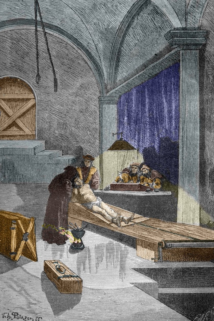 Presten Pierre Aupetit anklaget for trolldom utsatt for tortur før han ble brent levende, 25.05.1588 (gravering) av Victor Armand Poirson