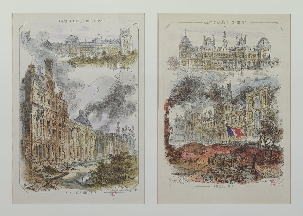 Utsikt over Tuileries-palasset og Hotel de Ville før og etter brannene i 1871 av Victor Coindre