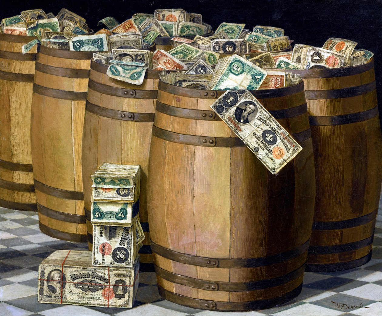 Barrels of Money, ca. 1897 (olje på lerret) av Victor Dubreuil