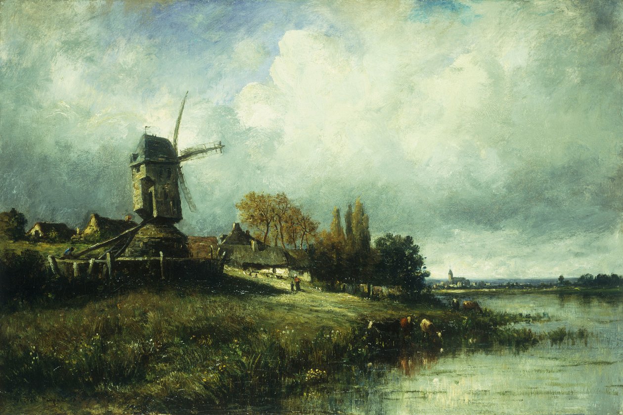 Et elvelandskap med en vindmølle, 1870 av Leon Victor Dupre