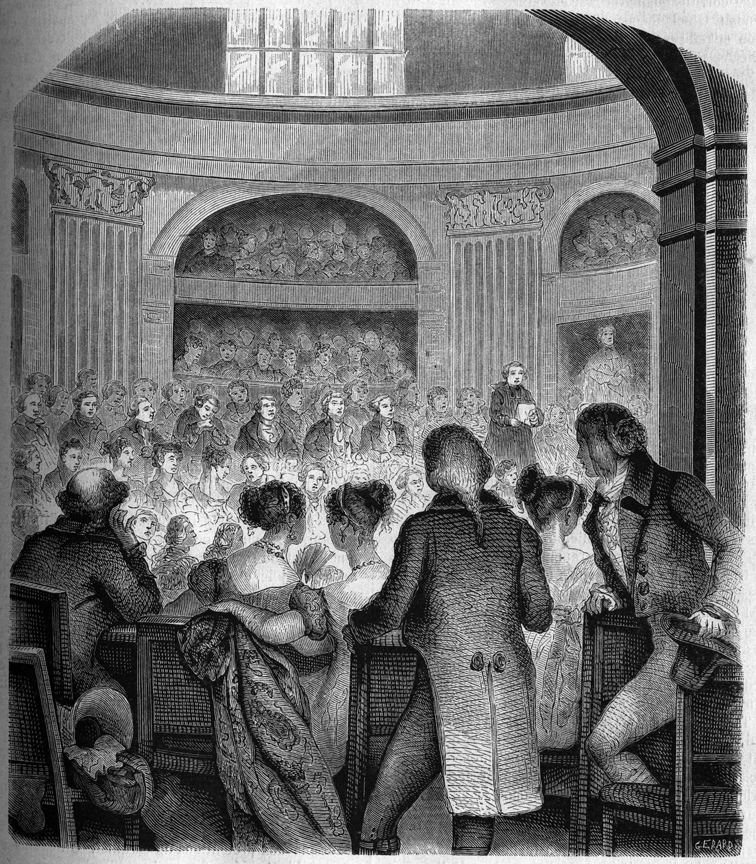 Mottakelse av Abbe Jean Sibrake (Jean-Sibrakes) (Siffrein) Maury (1746-1817) ved Academy Francaise i 1785 - Gravering av Franck av Victor Franck