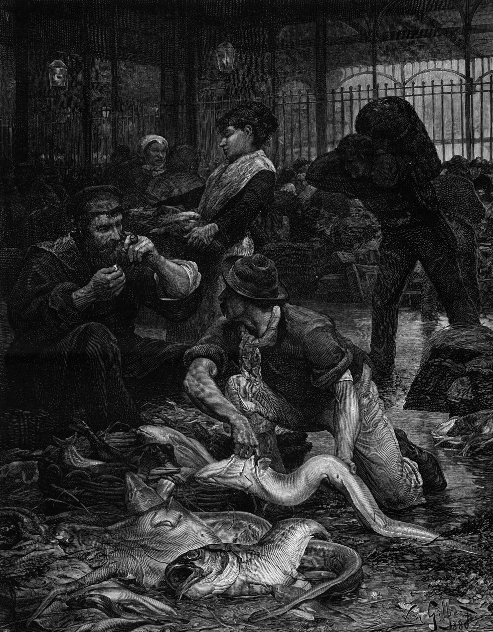 Et hjørne av Fiskehallen om morgenen (1880). Gravering etter maleriet av Victor Gabriel Gilbert (1847-1933). I "" The Illustrous World"" nr. 1244 av 29. januar av Victor Gabriel Gilbert
