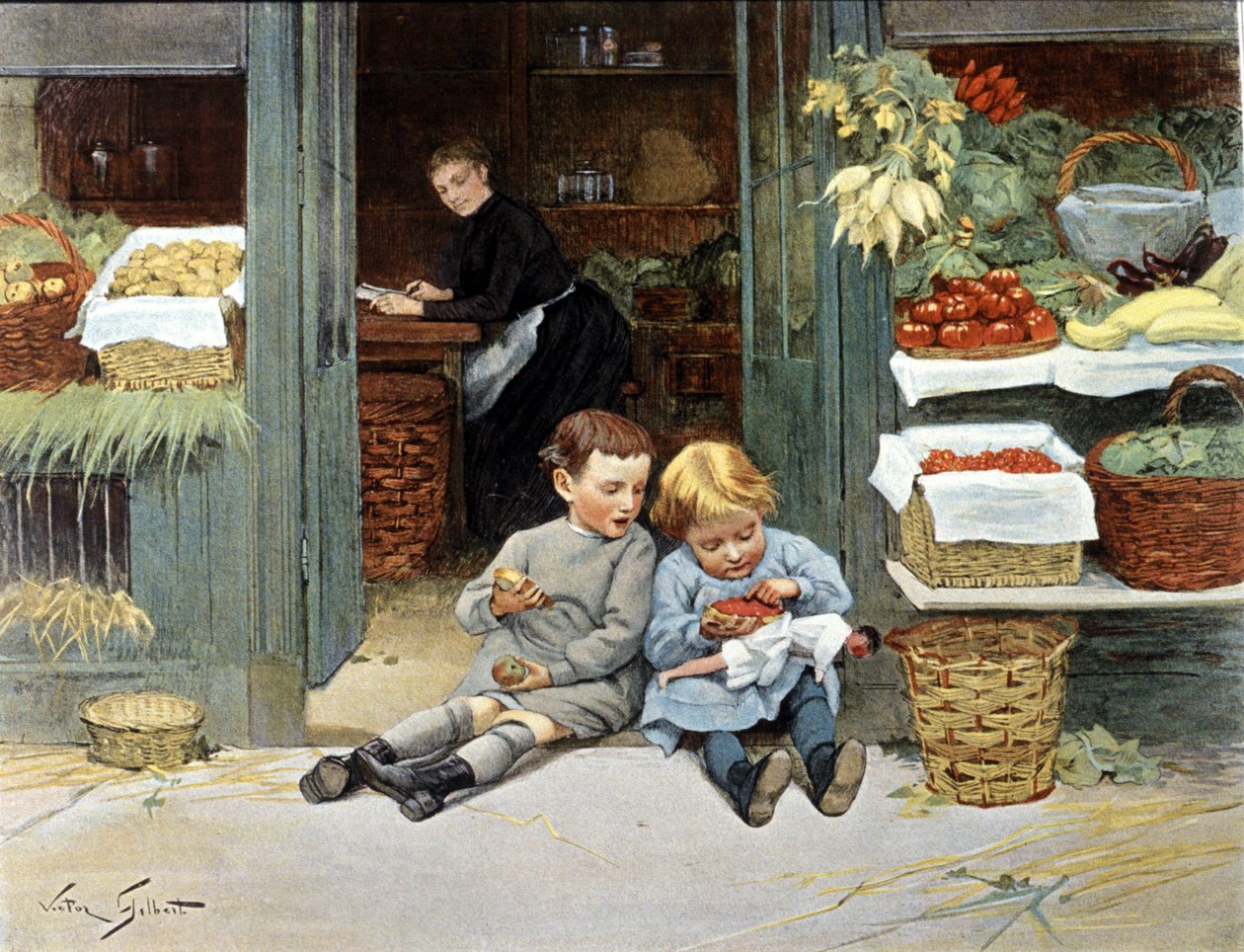 To barn spiser et eple og jordbær. Tegning av Victor Gabriel Gilbert