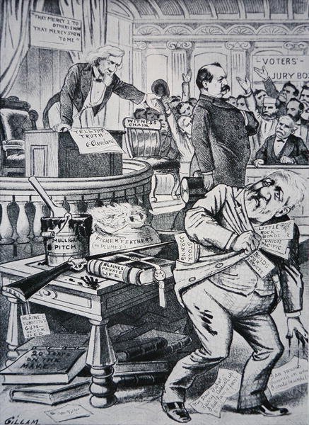 Grover Cleveland (1837-1908) forteller sannheten om sitt privatliv, mens motstanderen James Blaine (1830-93) blir fremstilt som korrupt av Victor Gillam