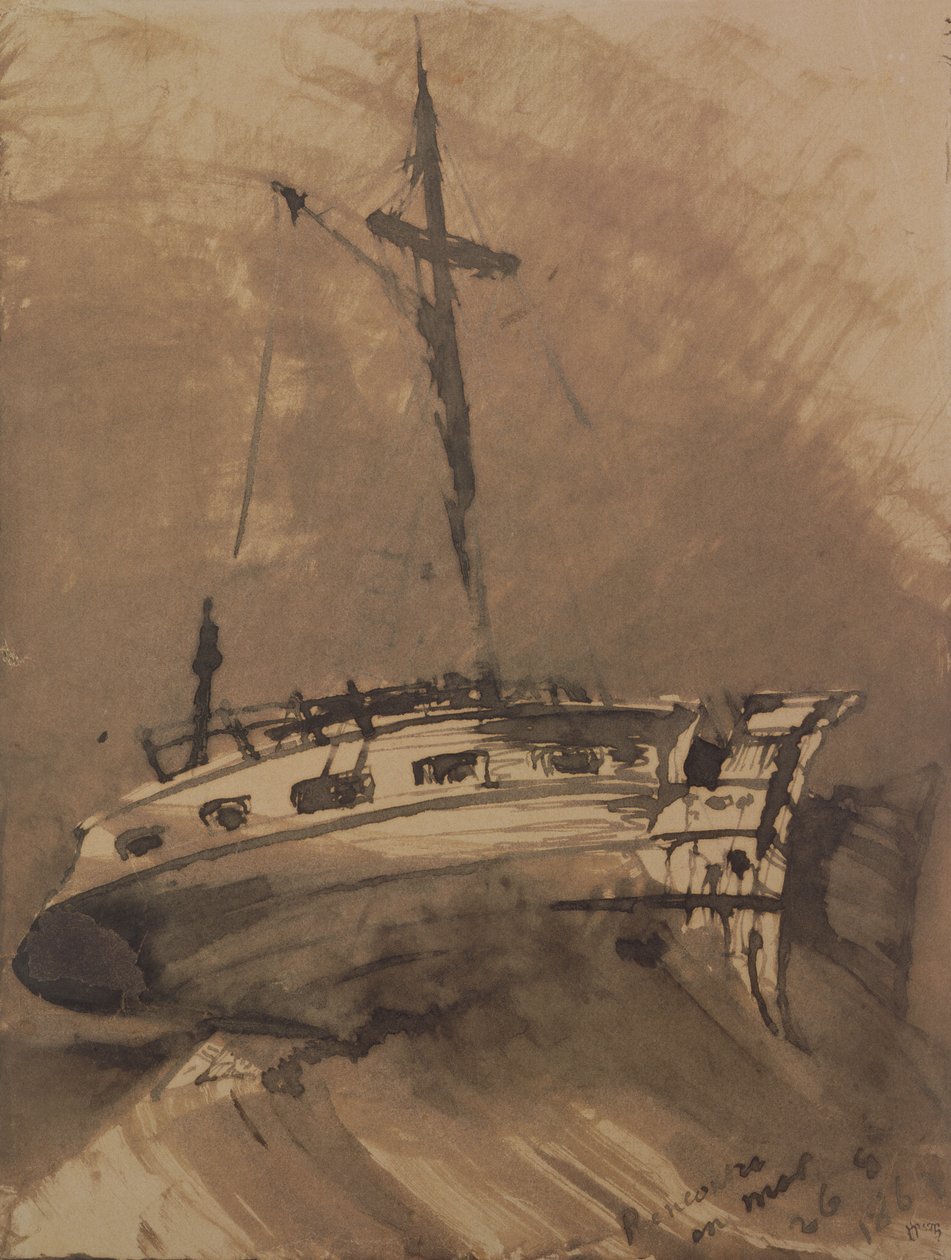A Ship in Choppy Seas, 1864 (penn og blekkvask på papir) av Victor Hugo