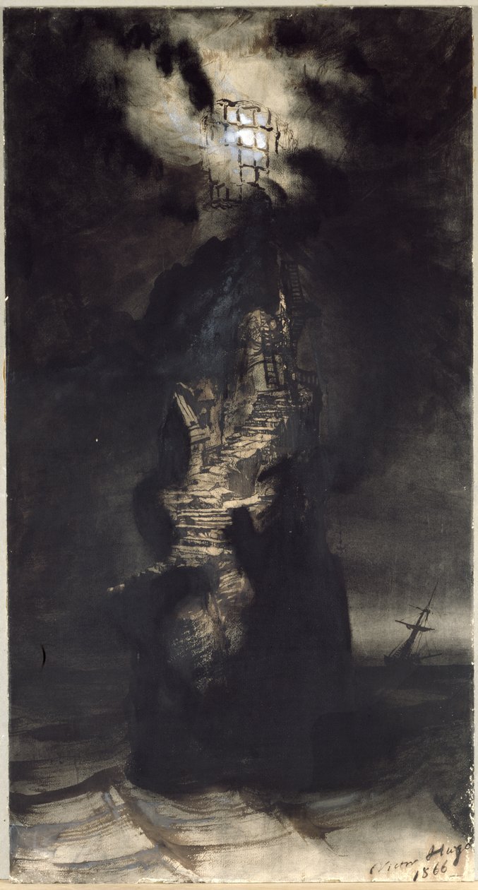Casquets Lighthouse, 1866 (penn og blekkvask på papir) av Victor Hugo