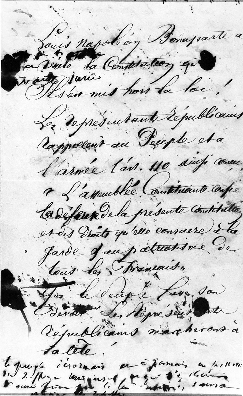 Første side av manifestet som appellerer til folket i Paris om å avvise bruddet på den franske grunnloven av Louis Napoleon Bonaparte, 1851 (penn og blekk på papir) av Victor Hugo