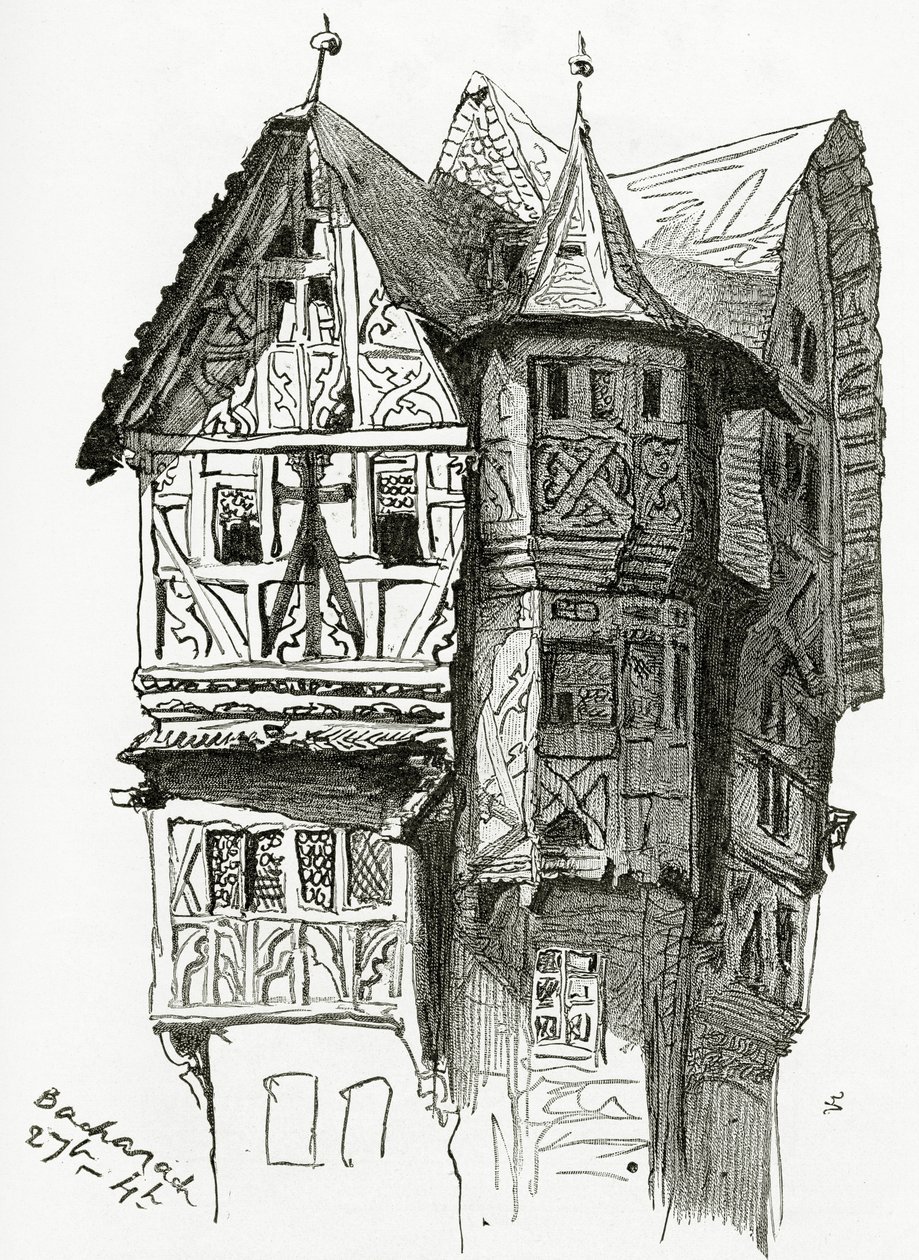 Hus i Bacharach ved Rhinen, 1800-tallet (bw-gravering) av Victor Hugo